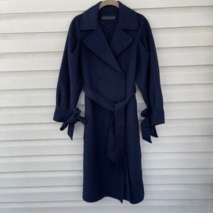 Zara Woman Dark Navy Blue Double Breasted Wrap Wool Blend Longline Coat